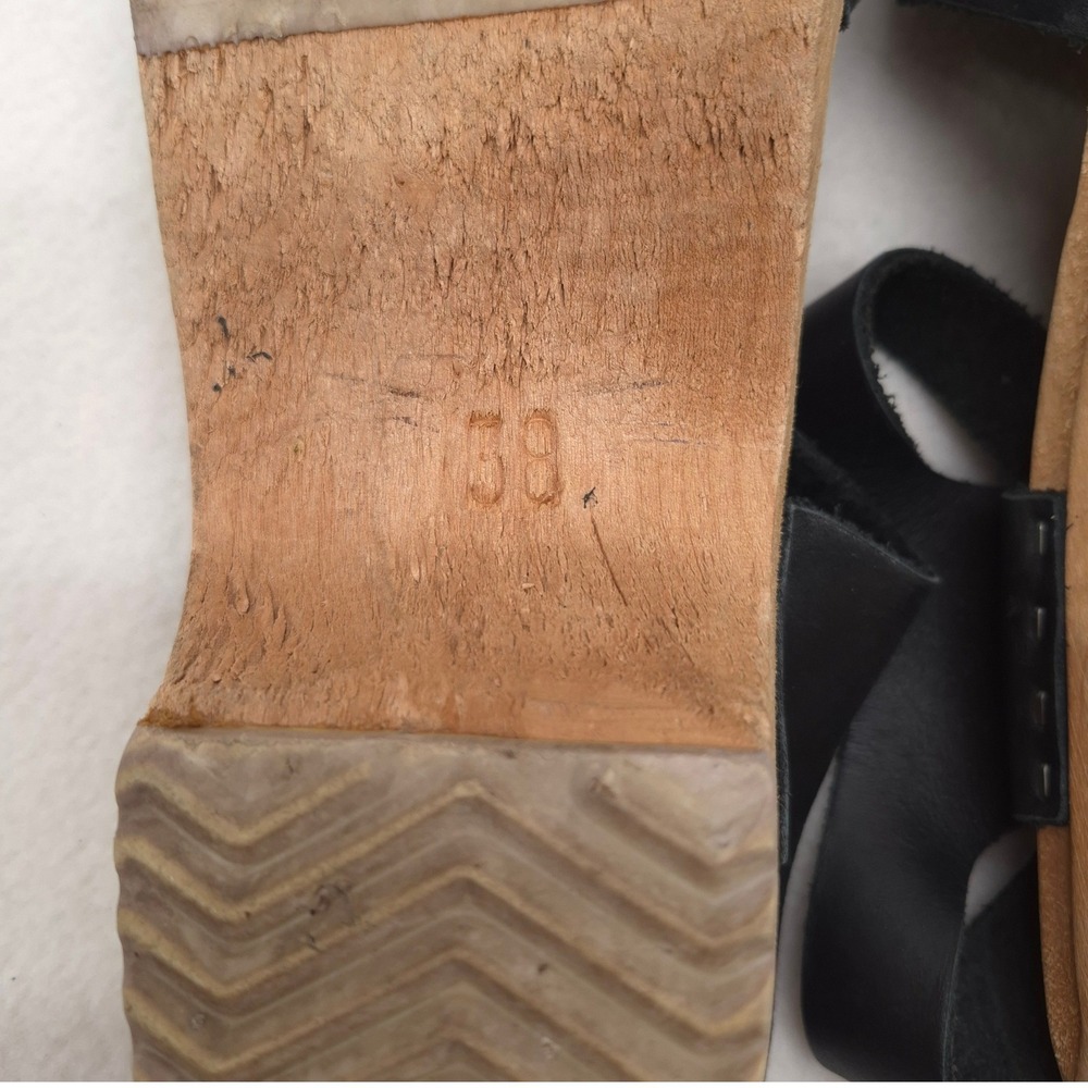 Swedish Hasbeens Clog Sandals Black 38 Retro Boho Wood Platform Peep Toe Heels - Picture 4 of 11